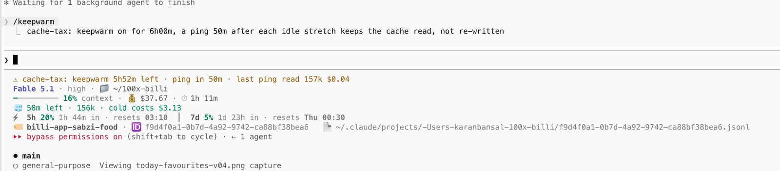 Real Claude Code status line after a keep-warm ping, showing 157k cached tokens read and the next ping in 50 minutes