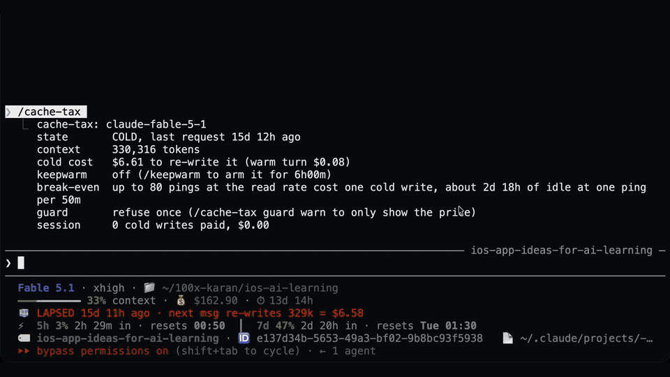 Real Claude Code recording of cache-tax stopping a recap request and showing a $6.61 estimated cache-write cost before the user resends it